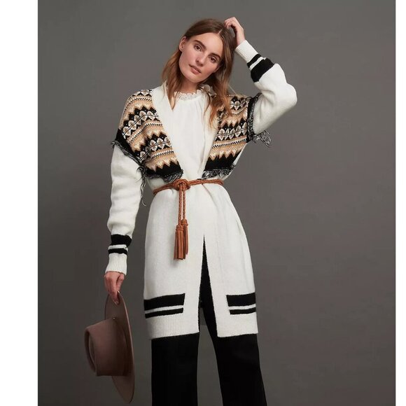 By Anthropologie open cardigan medium long oversized cream western black fringe - Picture 1 of 14